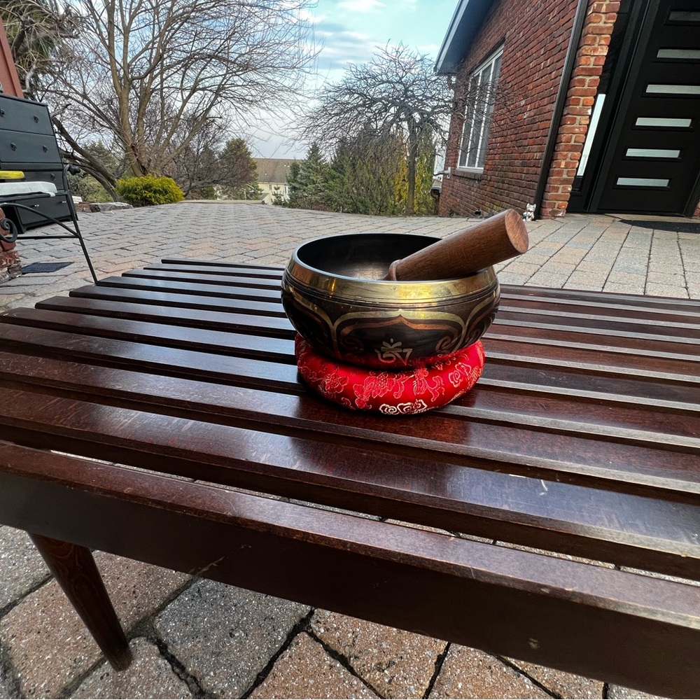 Handmade brass Tibetan Singing Bowl with Mallet and Red Cushion